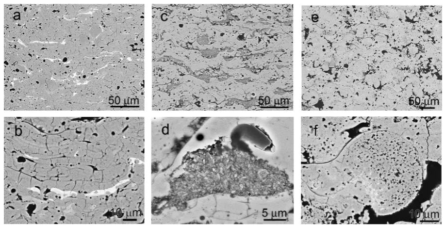 Figure 4. Microstructure of plasma spayed coatings, a) and b) Amperit coating; c) and d) AT3-SG coating; and e) and f) AT3-AG coating