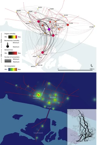 Fig. 1. Combined analysis of social network analysis (top) and Stri interpolation (below) for Londinium, and spatial network analysis for Britannia (lower left window) during theEarly Roman phase.