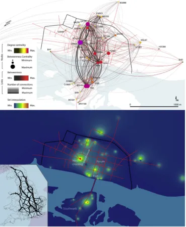 Fig. 2. Combined analysis of social network analysis (top) and Stri interpolation (below) for Londinium, and spatial network analysis for Britannia (lower right window) during theMiddle Roman phase.