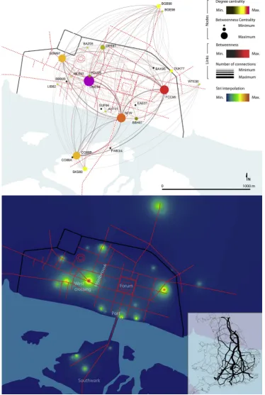 Fig. 3. Combined analysis of social network analysis (top) and Stri interpolation (below) for Londinium, and spatial network analysis for Britannia (lower left window) during theLate Roman phase.
