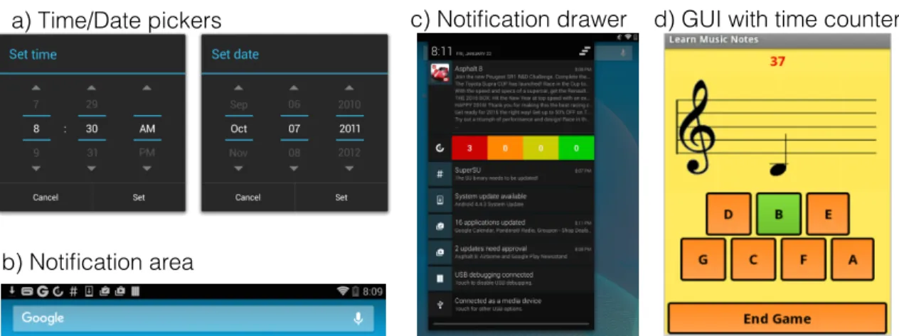 Figure 3.1: Examples of GUI components in Android apps that are problematic for automated test cases.
