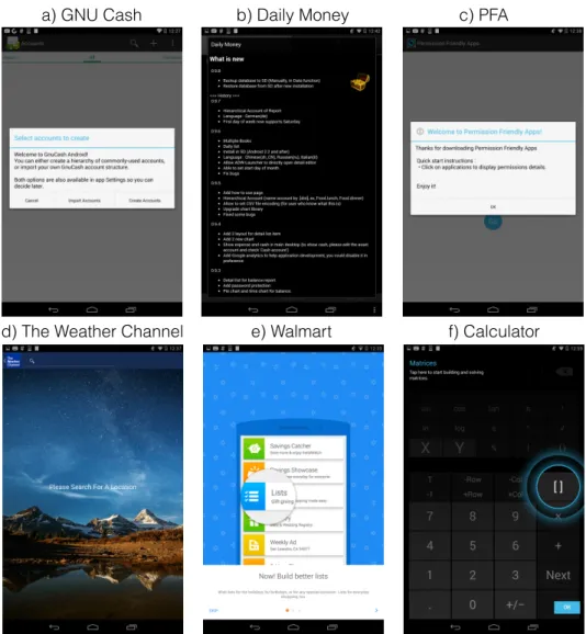 Figure 3.2: Example of splash/welcome screens, dialogs, and semi-transparent overlays that appear in Android apps during cold-starts or the first time a feature is used.