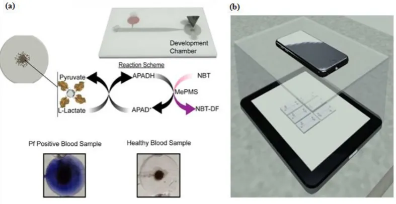 Figure 8. Microfluidic APTEC biosensor. (a) The reaction scheme of the reagents and redox reaction that results in generation of an insoluble purple diformazan dye