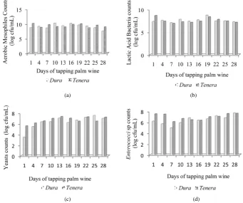 Figure 4. Mean values of the population of various microorganisms in different samples of palm wine during the tapping