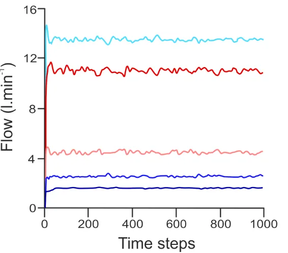 Figure 2 Flow rate of gas to five lobes of the lungs with a constant flow of 30 l.min-1 