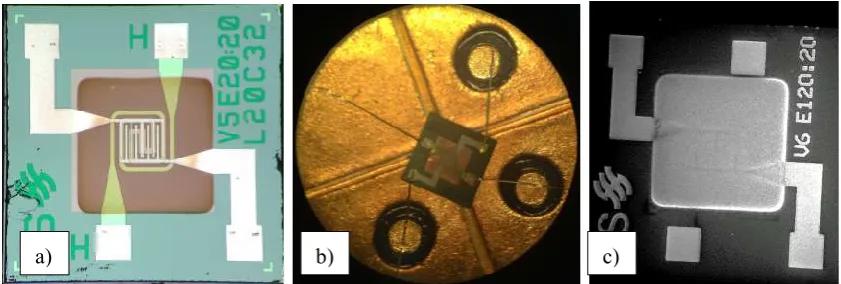 Figure 3: Optical images of WO3 device as-fabricated (a) and mounted with gold wires on TO package (b)