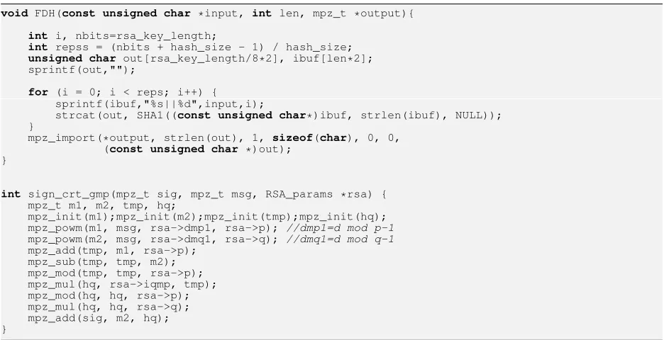 Figure 15: Implementation of (some) auxiliary functions: Full-Domain Hash and CRT-based RSA signature.