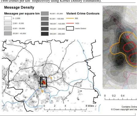 Figure 1. Kernel density of social media messages and violent crime contours. The contours depict the areas with the largest volume of violent crime (densities of 600 and 1400 crimes per km2 respectively using Kernel Density Estimation)