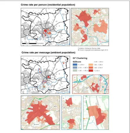 Figure 2. GI* Z values for crime rates (using ambient and residential population 