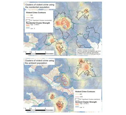 Figure 3. Clusters of violent crime calculated using the Geographical Analysis Machine with ambient and residential population at risk