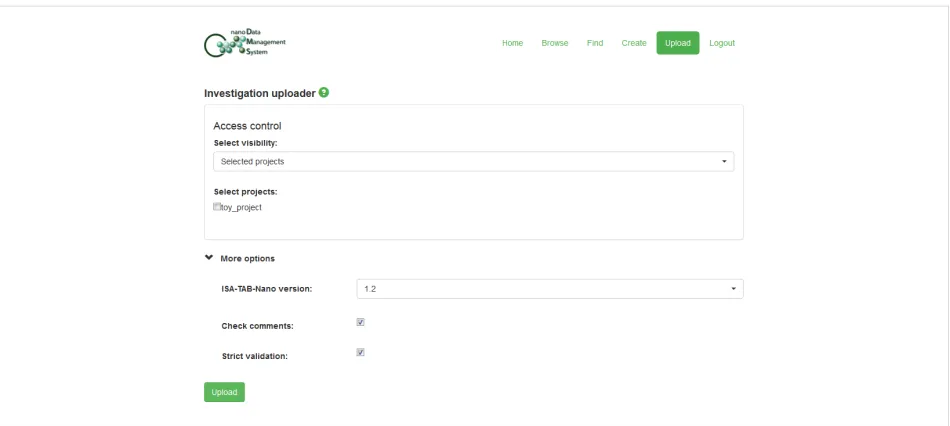 Figure 3: Upload options for loading the suitable version of the “Toy Dataset” (Supporting Information File 3) into the nanoDMS online database,which can be accessed via the cited web-address [110]: ontology identifiers were truncated and Investigation “Co