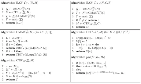 Fig. 1. (Upper) The encryption and decryption algorithms of EAXponent algorithms of EAX′[E, τ], originally with τ = 32
