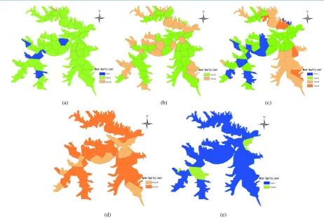 Figure 4. Single factor analysis of water quality classification. (a) NH -N+4; (b) TN; (c) TP; (d) CODMn; (e) DO.