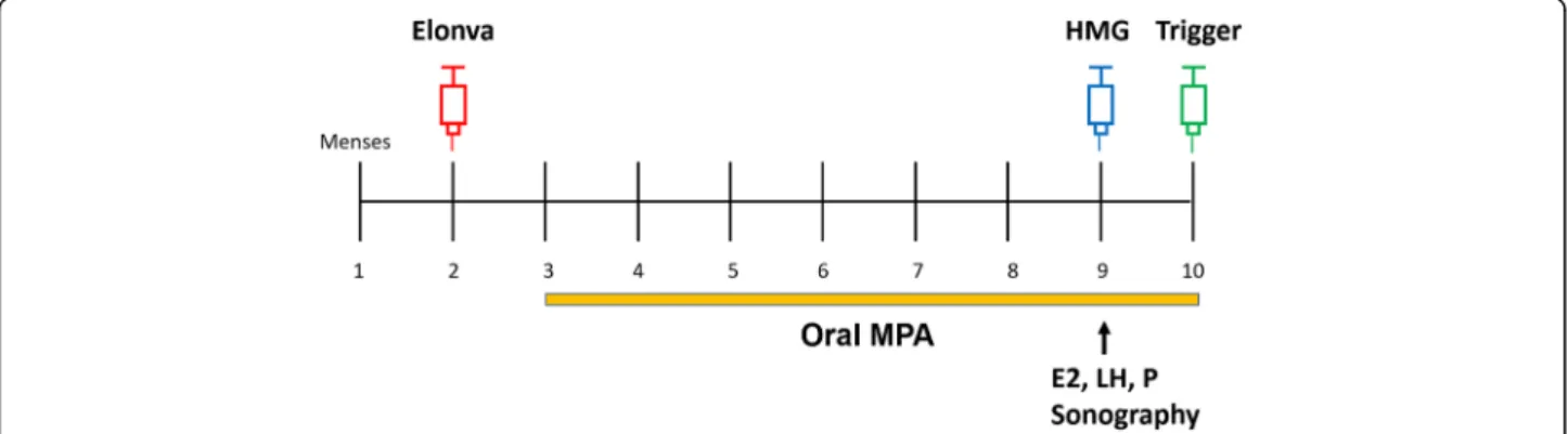 Fig. 1 Treatment protocol of ovarian stimulation. On the menstrual cycle day 2, 3 or 4, ovarian stimulation was started with a single injection of corifollitropin alfa (Elonva®; MSD), of which the dosage was determined by the patient ’s body weight (150 μg