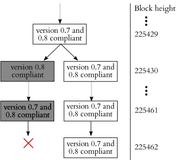 Figure 2: Sketch of the block chain fork that occurred in Bitcoin on 11.03.2013.