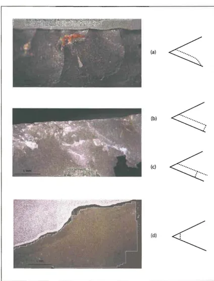 Figure 13. Step (a) Photographs and cross-sectional diagrams of scar termination types caused through use