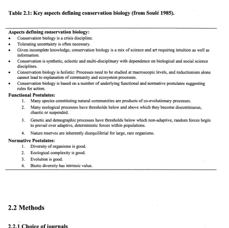 Table 2.1: Key aspects defining conservation biology (from Soule 1985). 
