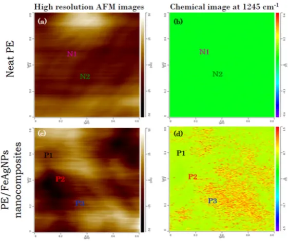 Figure 6. High-resolution AFM images of neat PE at different magnifications (a, b, c); high-resolution AFM images of morphology of PE/FeAgNPs nanocomposites (d, e, f) and IR spectra (Figure 6g) of neat PE at position N1 and N2, the spectra of PE/FeAgNPs na