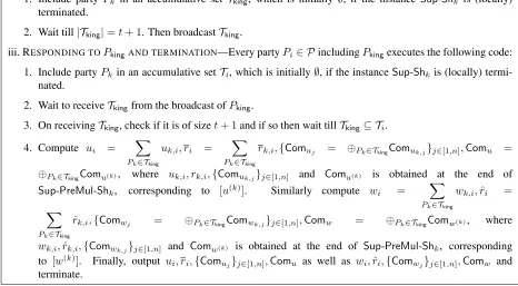 Figure 9: Supervised generation of [u] and [w = u · v] for a random u under the supervision of Pking,where v is an existing [·]-shared value, with every party being a privileged party with respect to [v].