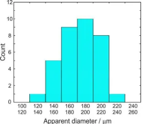 Figure 7 – Apparent size distribution of the particles surveyed during the course ofthe investigation (upper and lower limit if size range in m).