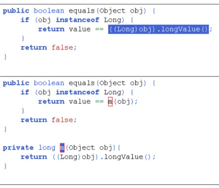 Figure 4.2: At the top, a method in java.lang.Long in an X-develop editor. At the bottom, the code immediately after the completion of the E XTRACT M ETHOD refactoring.