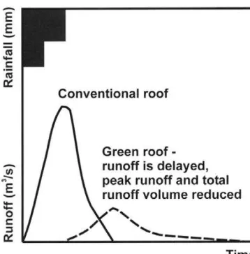 Figure 1.2: A schematic diagram showing the rainfall-runoff response from a conventional roof and a 