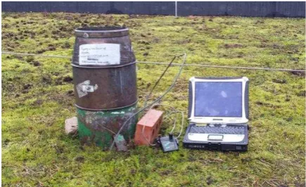 Figure 4.2.1: The tipping bucket rain gauge, HOBO data logger and laptop used to obtain rainfall data
