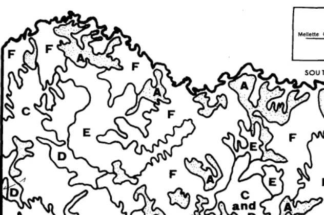 FIG. 1. Generalized soil-vegetation map of Mellette County: (A) (Stippled pattern) Loamy or sandy soils derived from eolian and stream terrace deposits with the needle- andthread-blue grama-western wheatgrass or the bluestem sp.-sideoats grama vegeta- tion