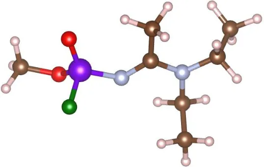 Figure 1. The molecular structure of the A232 nerve agent. Atom color scheme: C – brown, H – pink, N – blue, O – red, P –violet, F - green
