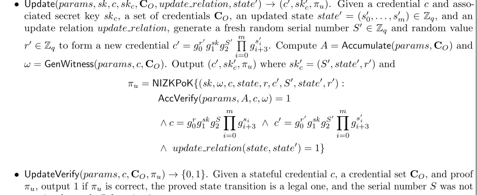 Figure 3: Extensions for a stateful anonymous credential system. update relation(. . .) = 1 denotes that theupdate encodes some arbitrary state transition (e.g