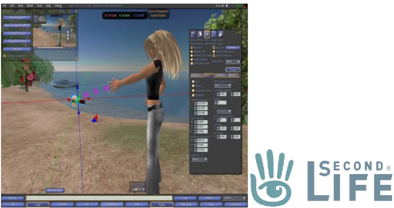 Figure 2.1: A Second Life client interface showing an avatar that is creating virtual objects; and the Second Life logo [46] 