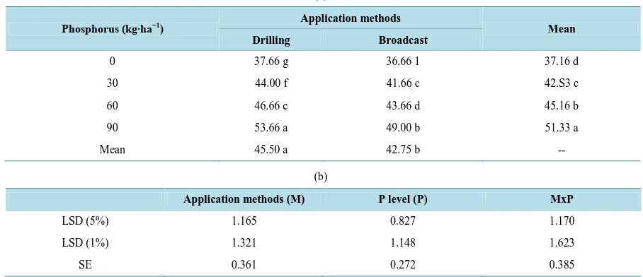 Table 5. Number of grains spike−1 under different P levels and application methods. Mean followed by common letter arc not significantly different