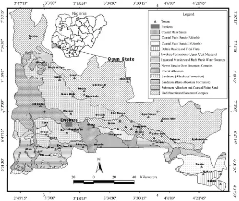 Figure 1. Geological map of Ogun State, showing Abeokuta city and its geological formation