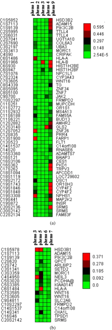 Figure 3. The heatmap of bicluster 9(a) and bicluster 10(b). (The p-values of gene-phenotype association are depicted by cells with different colours, where the green colour indicates the significant association between gene and disease (phe-notype))