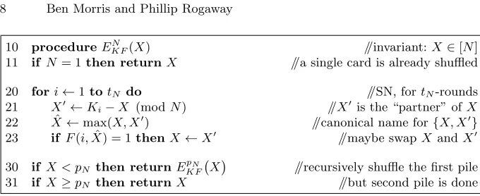 Fig. 1. Construction SR =ofsplit values, SR[SN]. The method enciphers on [N0] (the initial value N), each stage (recursive invocation) employing tN-rounds of SN (lines 20–23)