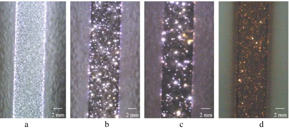 Fig. 3. Side view pictures of aluminium alloy samples at different time of the PEO process: a – few seconds; b – 15 min.; c – 30 min.; d – 45 min