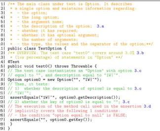 Figure 3: Example of summary generated by Test- Test-Describer for a JUnit test method exercising the class Options.java