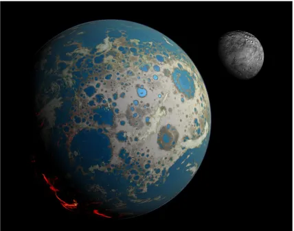 Figure 3. An artistic concept of the early Earth–Moon system (~4 Ga). The surface of the Hadean/Archean Earth was continually reprocessed by impacts, which mixed and buried the impact-generated melt