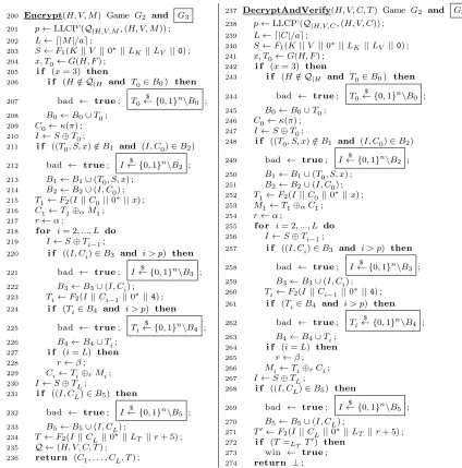 Fig. 6. GamesThe variable G2 and G3 for the proof of Lemma 2. Game G3 contains the code in the box while G2 does not
