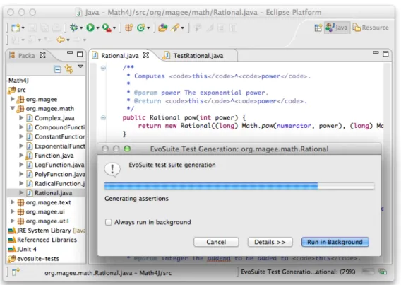 Fig. 1: The E VO S UITE Eclipse plugin, generating test cases for a class—as used by subjects in the study.