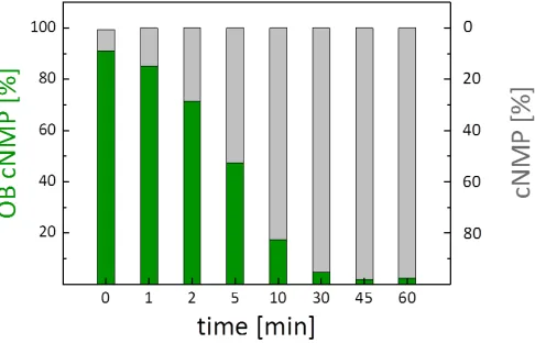Figure 5: Course of the enzymatic hydrolyses of of OB-N(Bu)-cAMP 12 to N(Bu)-cAMP 15 given as normalized values for each time point analyzed