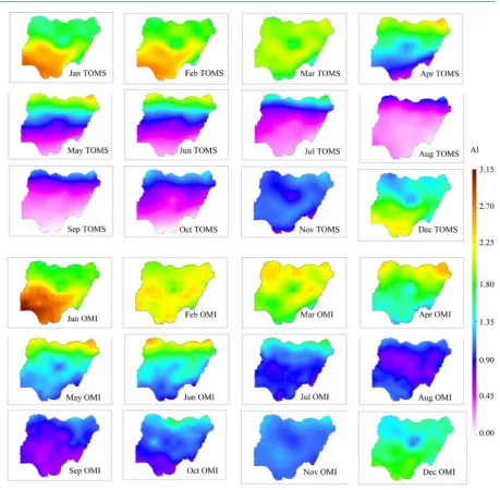 Figure 4. Distribution of monthly mean AI, Jan-December, for TOMS (upper 3 rows) and OMI (lower 3 rows)