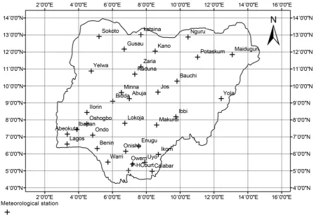 Figure 1. The map of Nigeria showing the distribution of meteorological stations used in the study