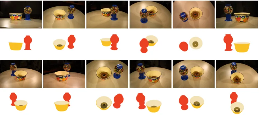 Figure 9: Seven images of a synthetic scene and the segmented label images.