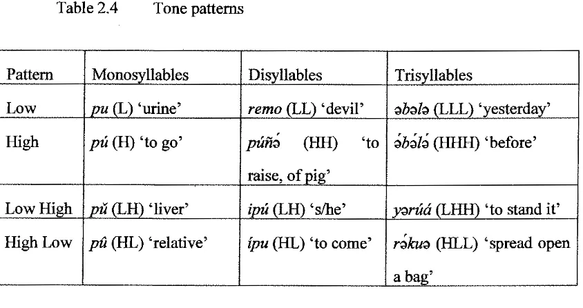 Table 2.4 Tone patterns 
