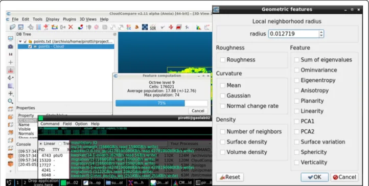 Fig. 6 CloudCompare GUI (right) and panel for calculation of geometric features for each point, using a local neighbourhood (left)