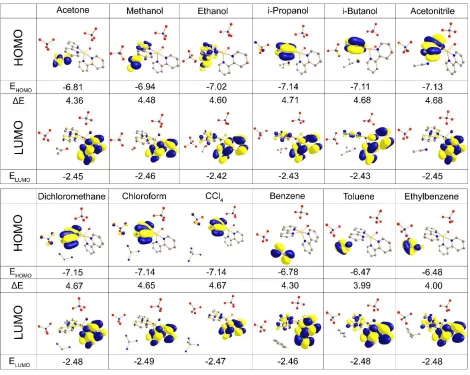 Fig. 7. Frontier molecular orbital of the aggregate of Zn(II)-complex with the various used solvents