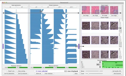 Figure 1 Visual parameter optimisation for biomedical image processingvisualisation, with columns for input parameters at the left and columns for output measures at the right