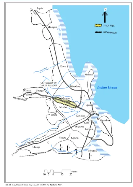 Figure 1. Map of dar es salaam indicating phase 1 Dart Corridor and the study area-author, 2015