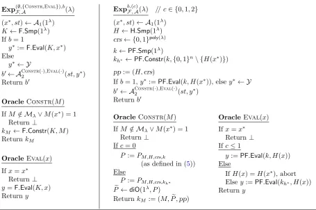 Figure 3: The original security game and hybrids used in the proof of Theorem  1.